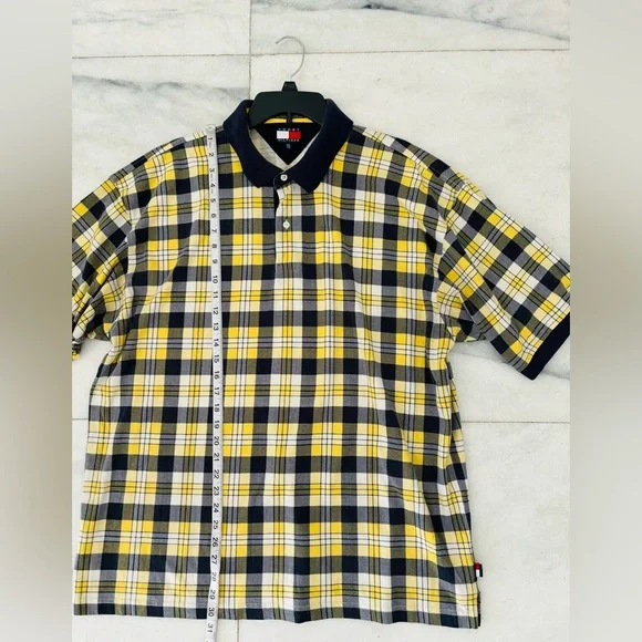 90s VTG Tommy Hilfiger Polo Shirt Yellow Blue Plaid Cotton Men XXL Preppy Grunge - Picture 5 of 9